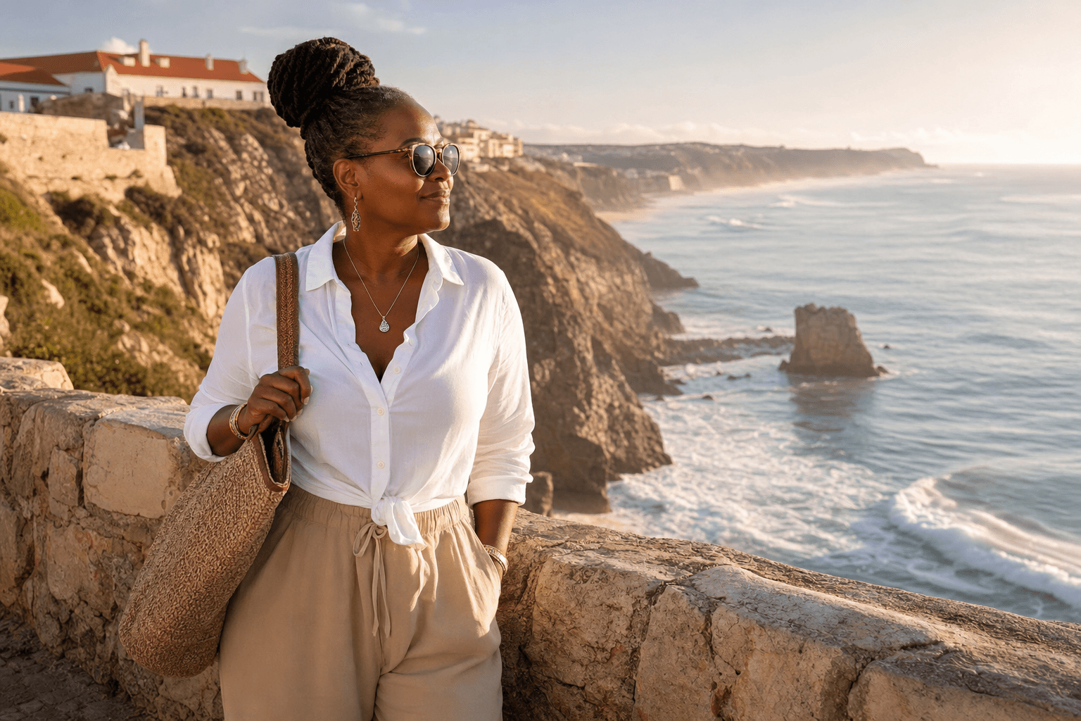 Woman solo traveller enjoying coastal European café