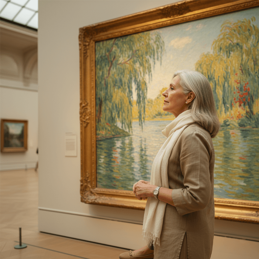 Woman admiring an impressionist painting in a Paris museum