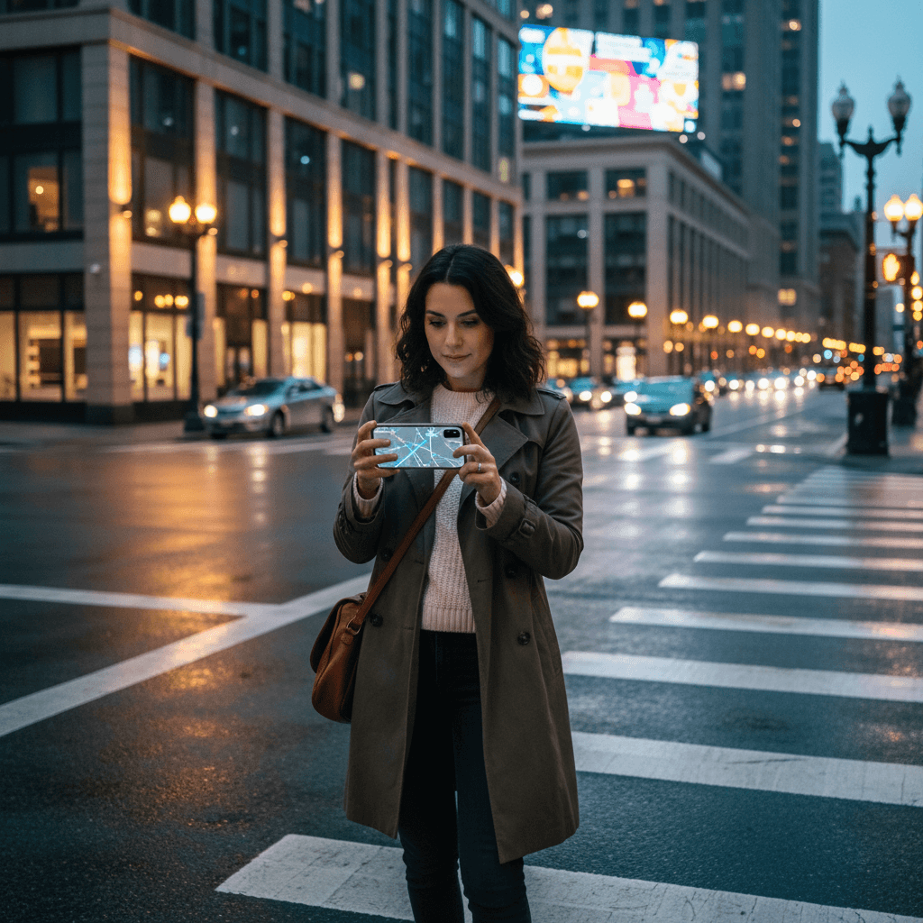 A woman confidently checking her map on a city street at dusk