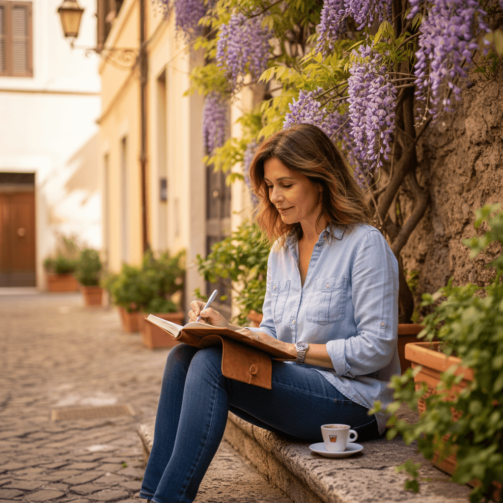 Woman writing in a journal on a sunlit alley step in Rome