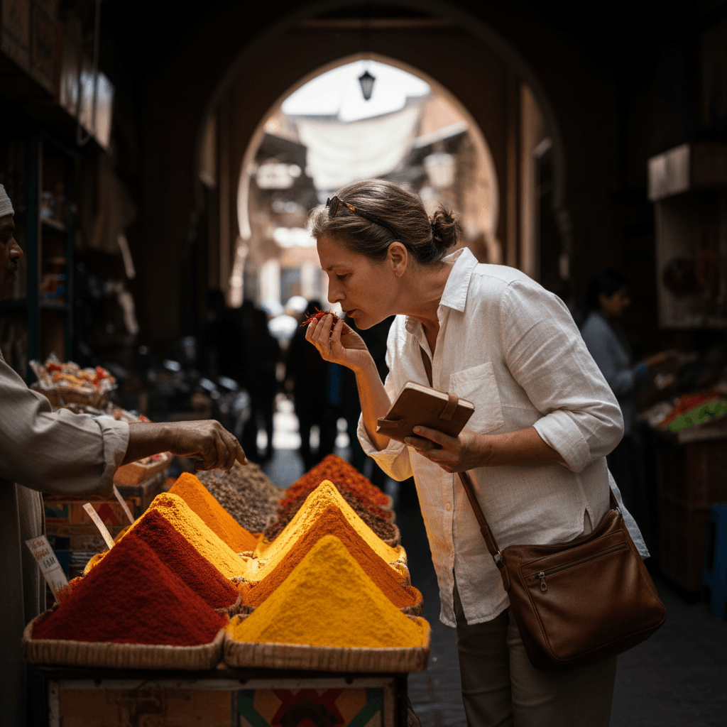 Woman browsing spices in a busy Moroccan market