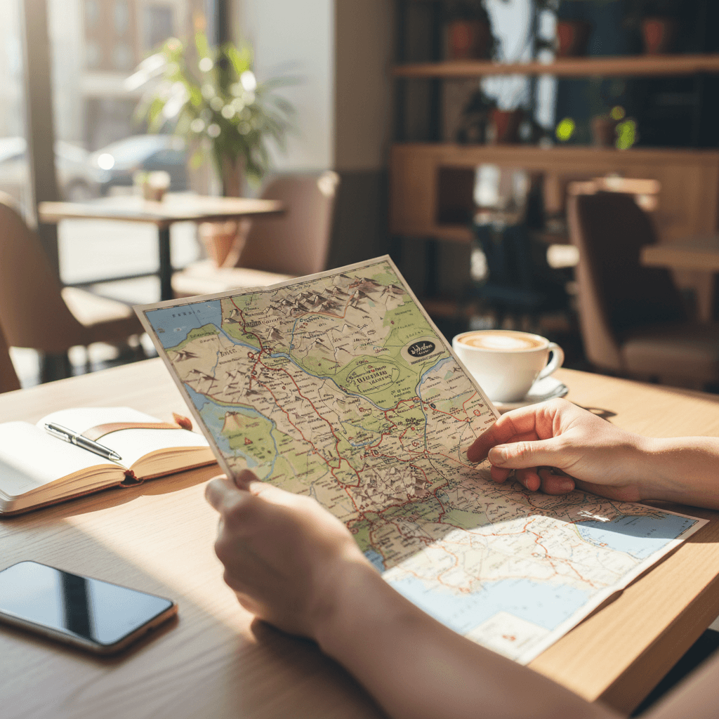 Woman planning travel route at café table