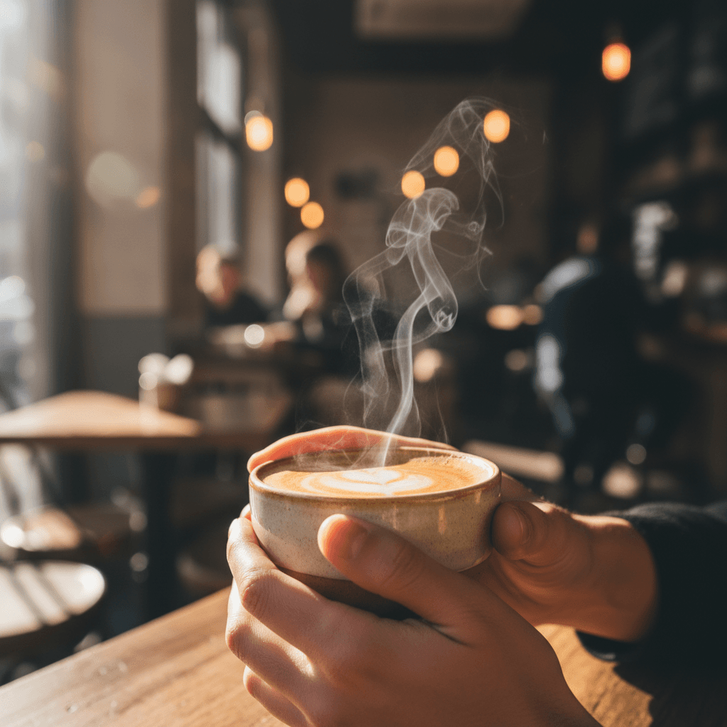Woman reflecting peacefully over coffee in London café